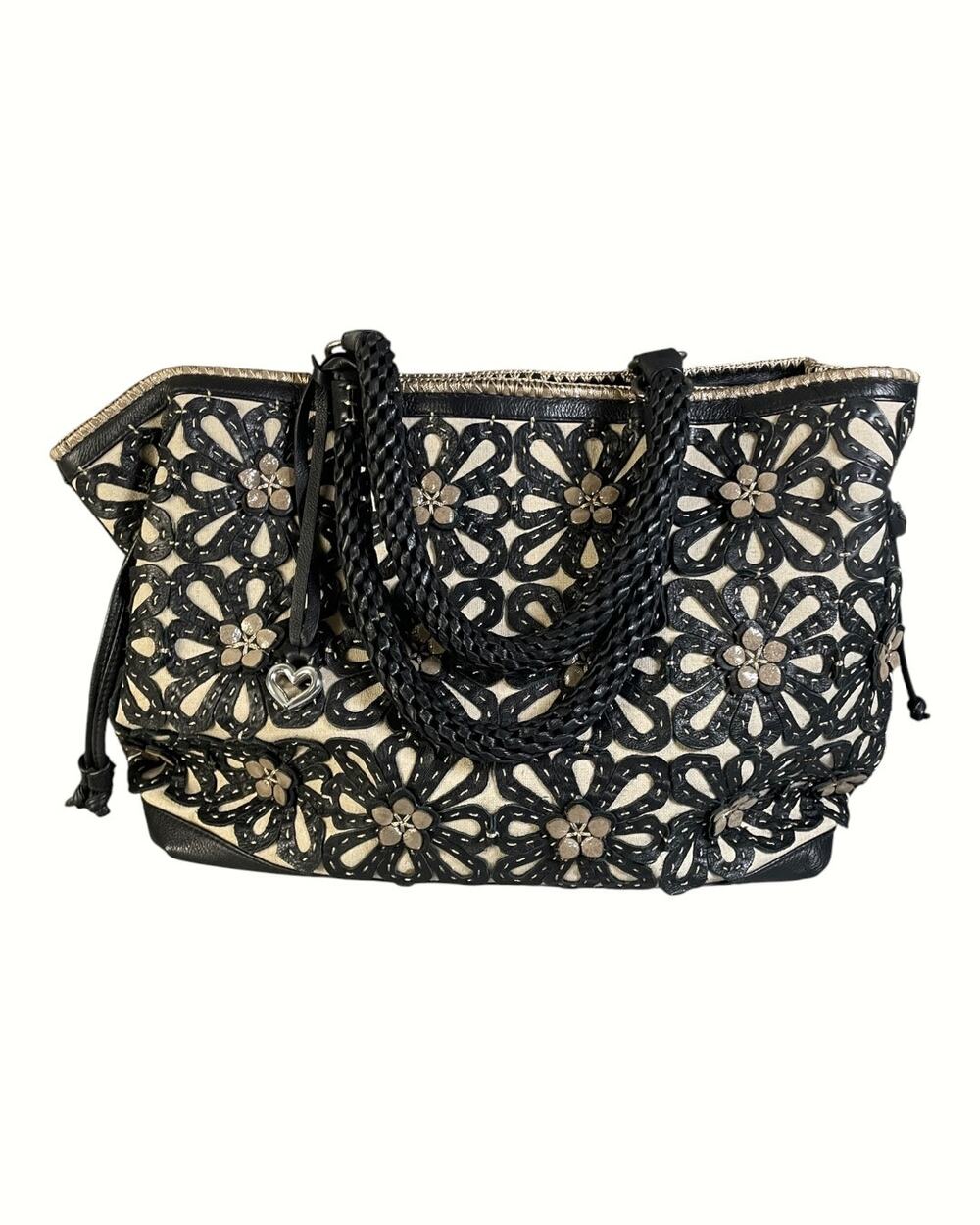 Brighton Masterpiece Gloria XL 3D Floral Appliqué Weaved Leather Linen Handbag